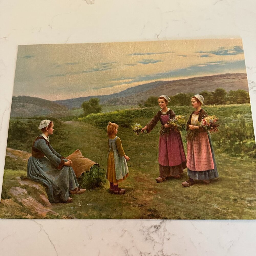 Large Vintage Calendar Art Print of Flemish Girls with Flowers
